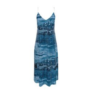 Lisbon Mural Slip Silky Maxi Dress with V-neck: Sz XS